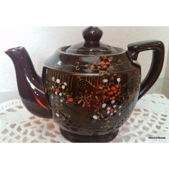 Antqiue Occupied Japan Teapot Brown Glazed Ceramic Hand Painted Flowers - Picture 6 of 12